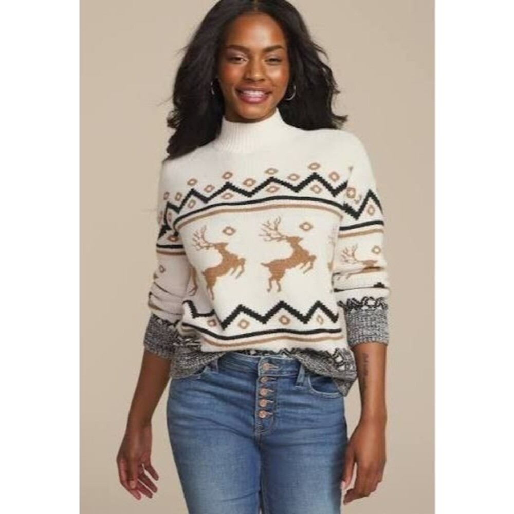 NWT Maurices Reindeer Fair Isle Mock Neck Sweater Veige Size XL